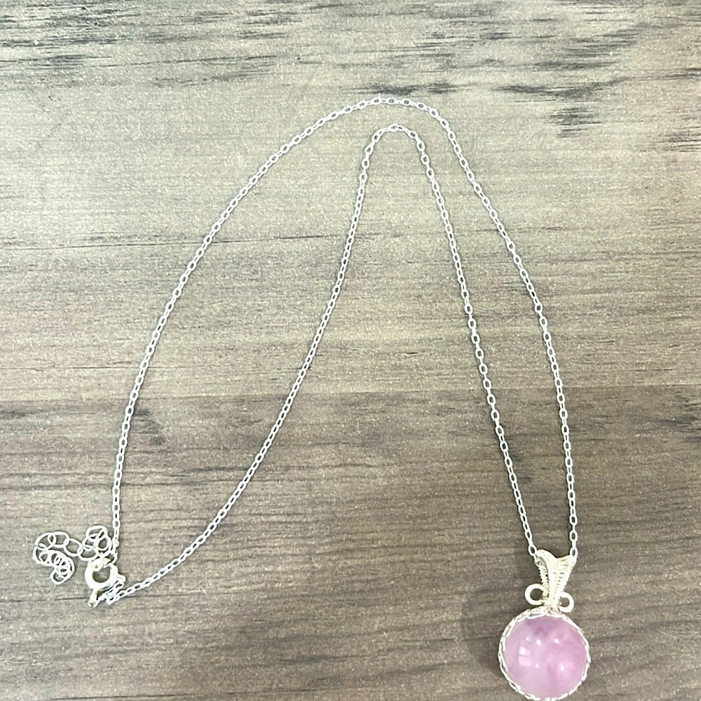 18in 925 Sterling Silver Round Rose Quartz Wire Wrapped Crystal Necklace